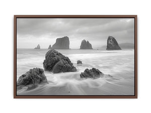 Black and white coastal landscape photography for serene living room decor