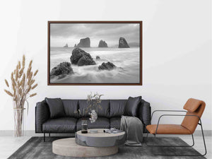 Black and white coastal landscape photography for serene living room decor