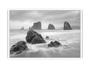 Black and white coastal landscape photography for serene living room decor