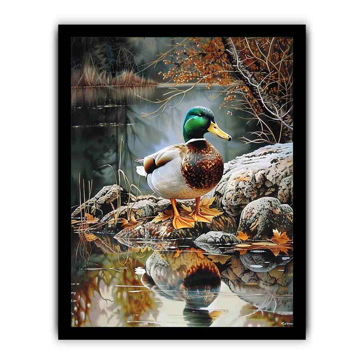 Duck by lakeside reflection artwork for peaceful nature inspired decor