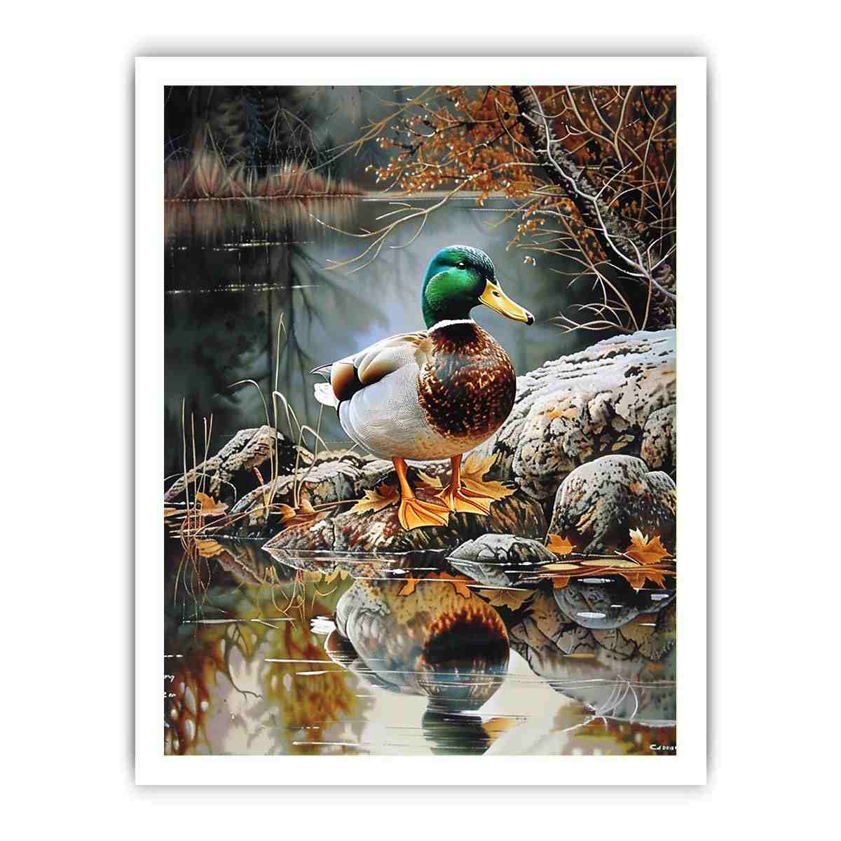 Duck by lakeside reflection artwork for peaceful nature inspired decor