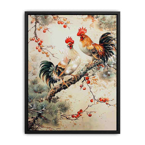 Rooster pair artwork with botanical accents for farmhouse kitchen decor