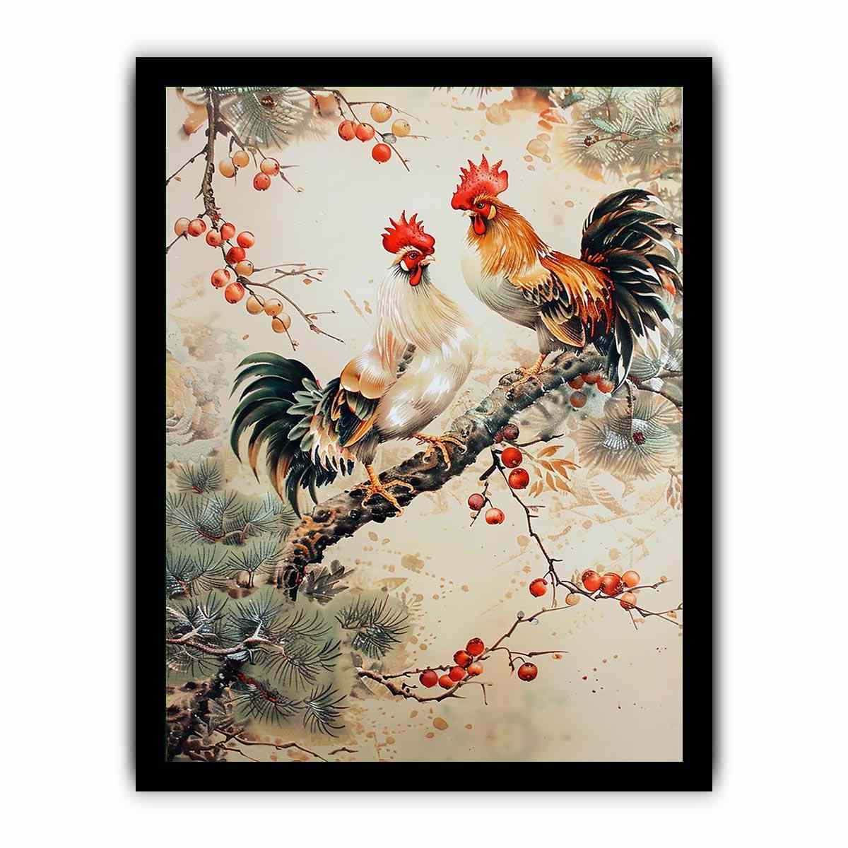 Rooster pair artwork with botanical accents for farmhouse kitchen decor