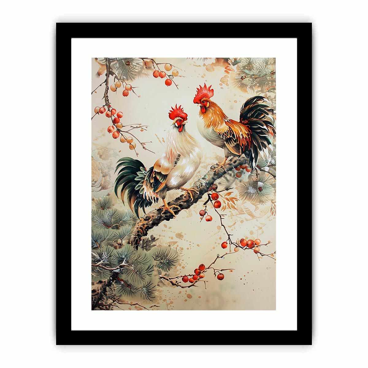 Rooster pair artwork with botanical accents for farmhouse kitchen decor