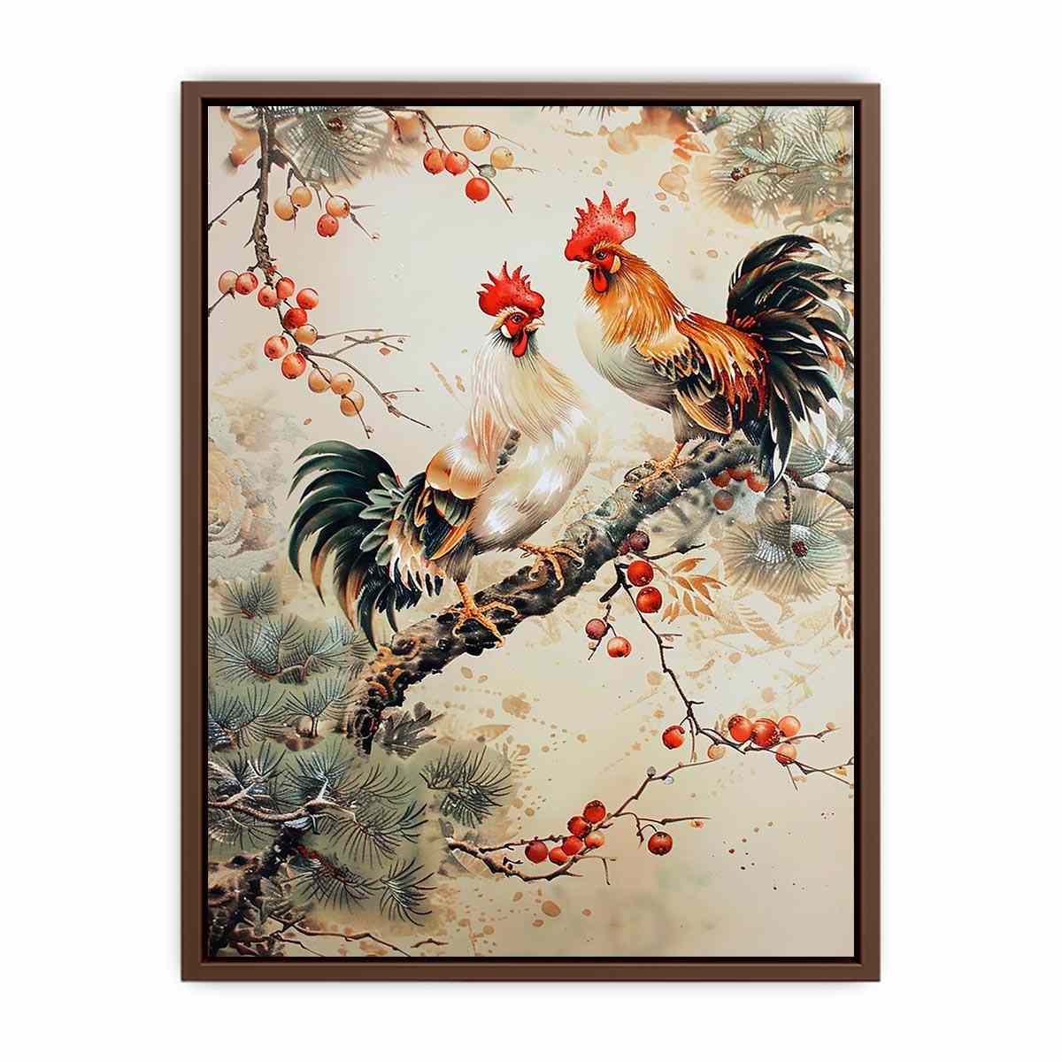 Rooster pair artwork with botanical accents for farmhouse kitchen decor