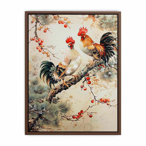 Rooster pair artwork with botanical accents for farmhouse kitchen decor