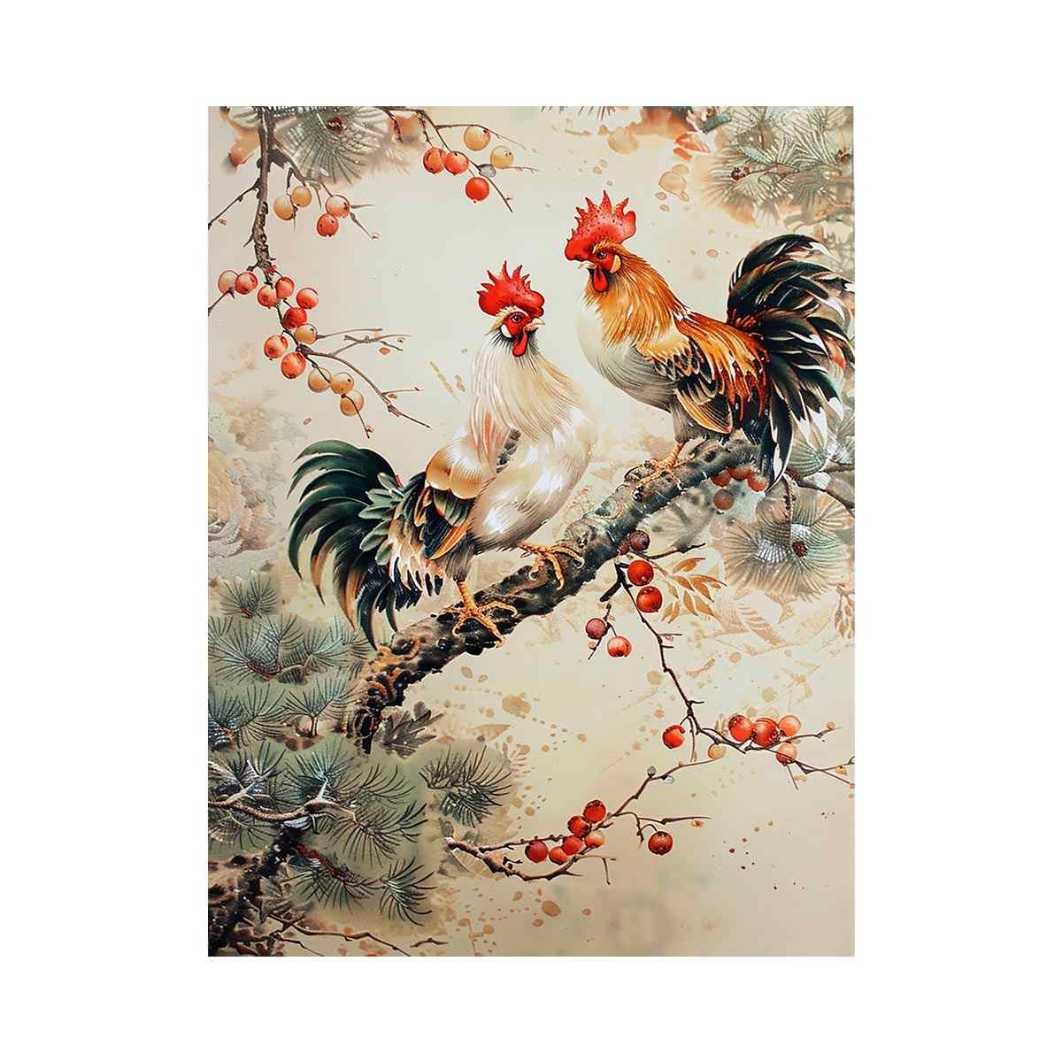 Rooster pair artwork with botanical accents for farmhouse kitchen decor