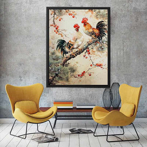 Rooster pair artwork with botanical accents for farmhouse kitchen decor