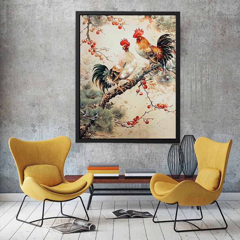 Rooster pair artwork with botanical accents for farmhouse kitchen decor