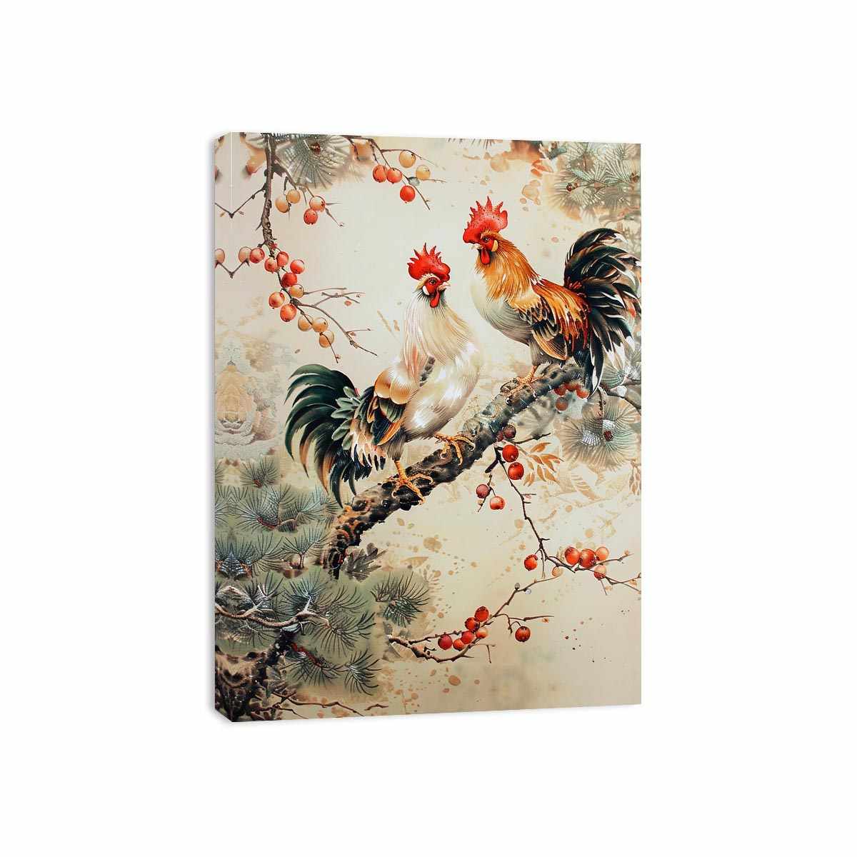Rooster pair artwork with botanical accents for farmhouse kitchen decor