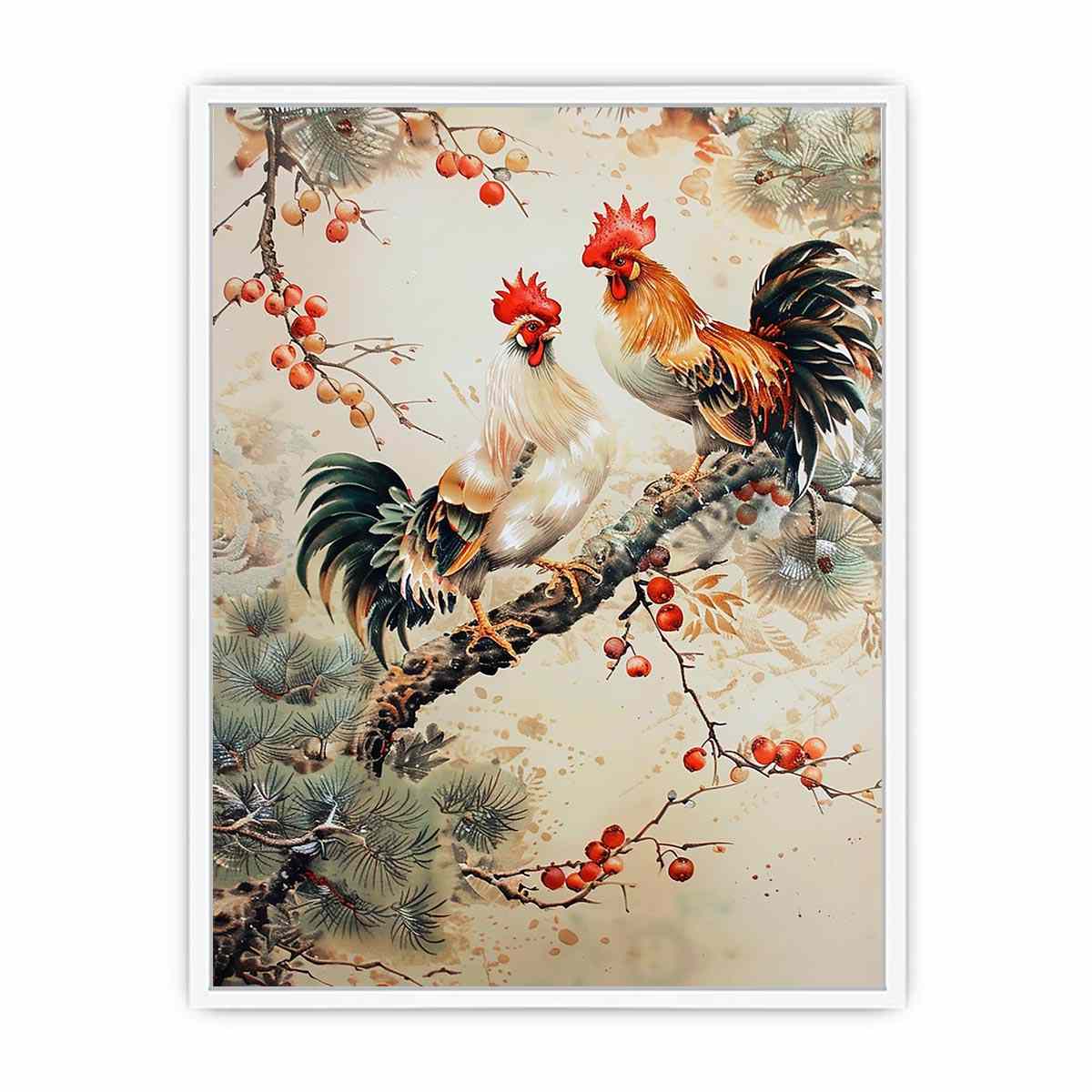 Rooster pair artwork with botanical accents for farmhouse kitchen decor