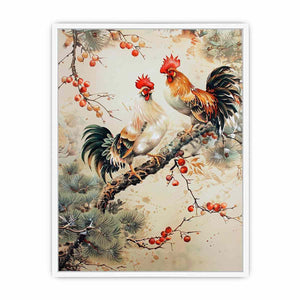 Rooster pair artwork with botanical accents for farmhouse kitchen decor
