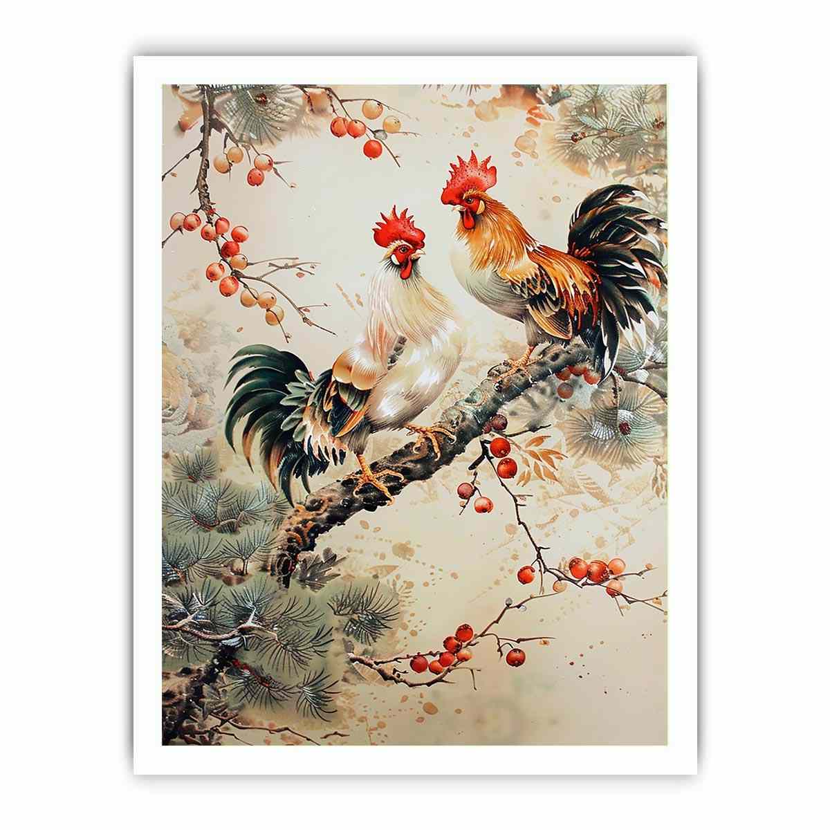 Rooster pair artwork with botanical accents for farmhouse kitchen decor