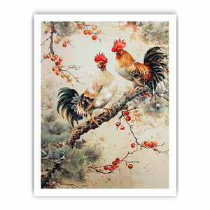 Rooster pair artwork with botanical accents for farmhouse kitchen decor