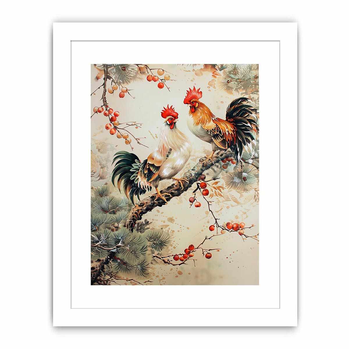 Rooster pair artwork with botanical accents for farmhouse kitchen decor