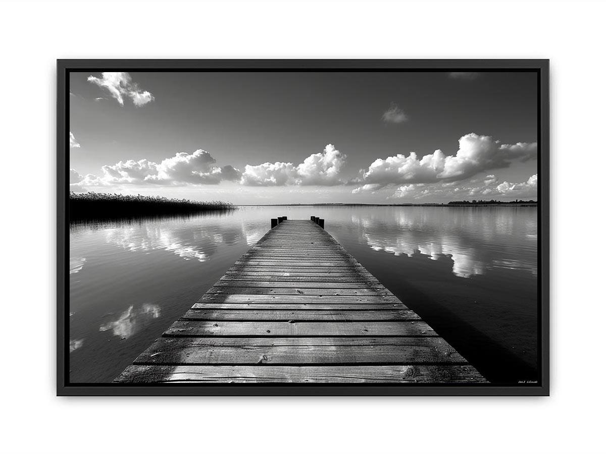 Black and white pier landscape photography for calm modern bedroom decor