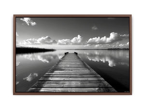 Black and white pier landscape photography for calm modern bedroom decor