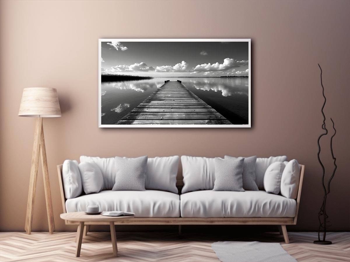 Black and white pier landscape photography for calm modern bedroom decor