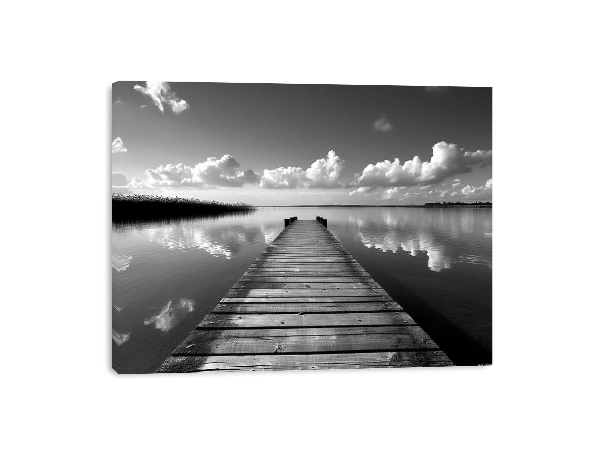 Black and white pier landscape photography for calm modern bedroom decor
