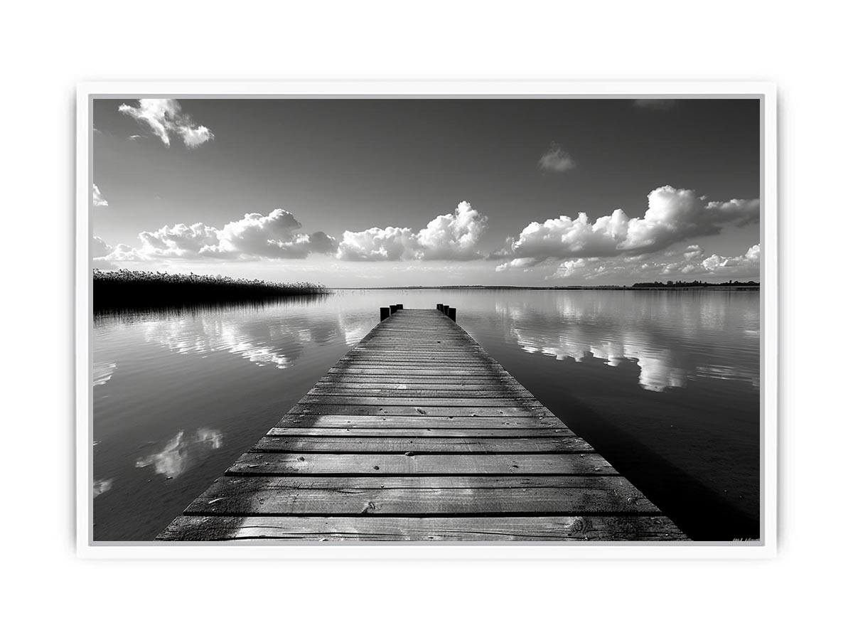 Black and white pier landscape photography for calm modern bedroom decor