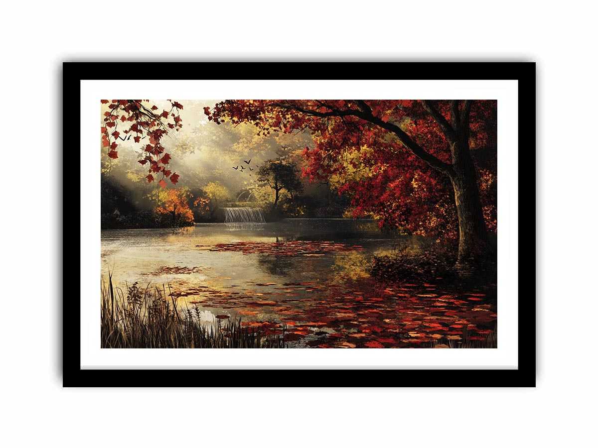 Autumn lake and waterfall landscape canvas art for cozy living room decor