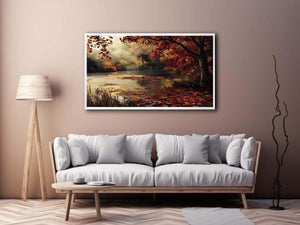 Autumn lake and waterfall landscape canvas art for cozy living room decor