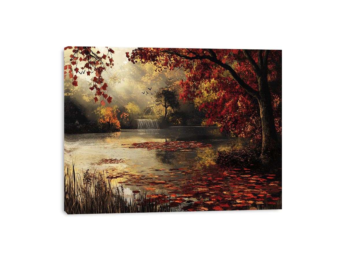 Autumn lake and waterfall landscape canvas art for cozy living room decor