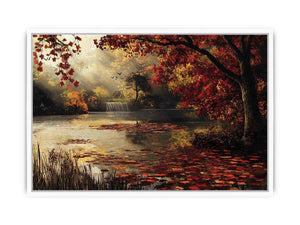 Autumn lake and waterfall landscape canvas art for cozy living room decor