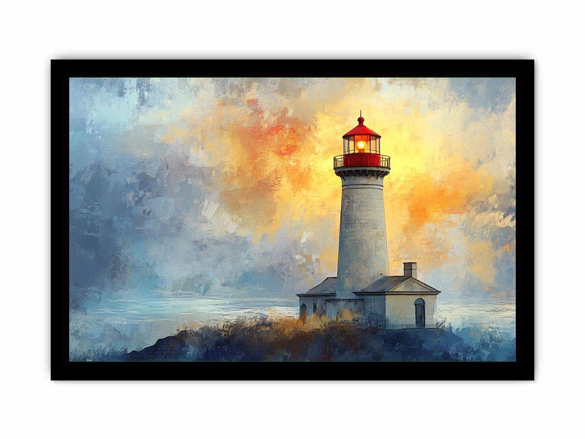 Modern lighthouse canvas print with blue and gold coastal fog for luxury living room decor.