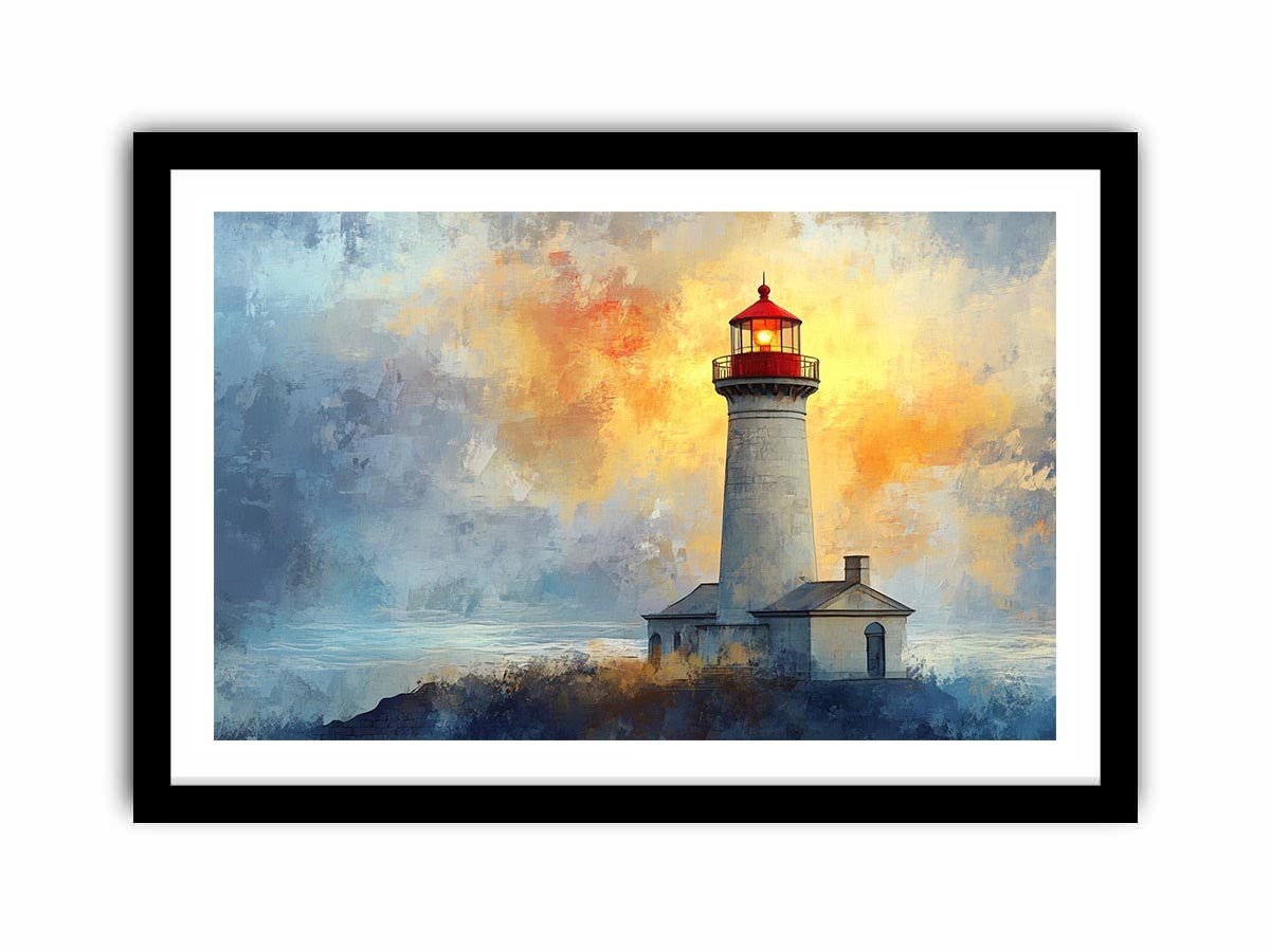 Modern lighthouse canvas print with blue and gold coastal fog for luxury living room decor.