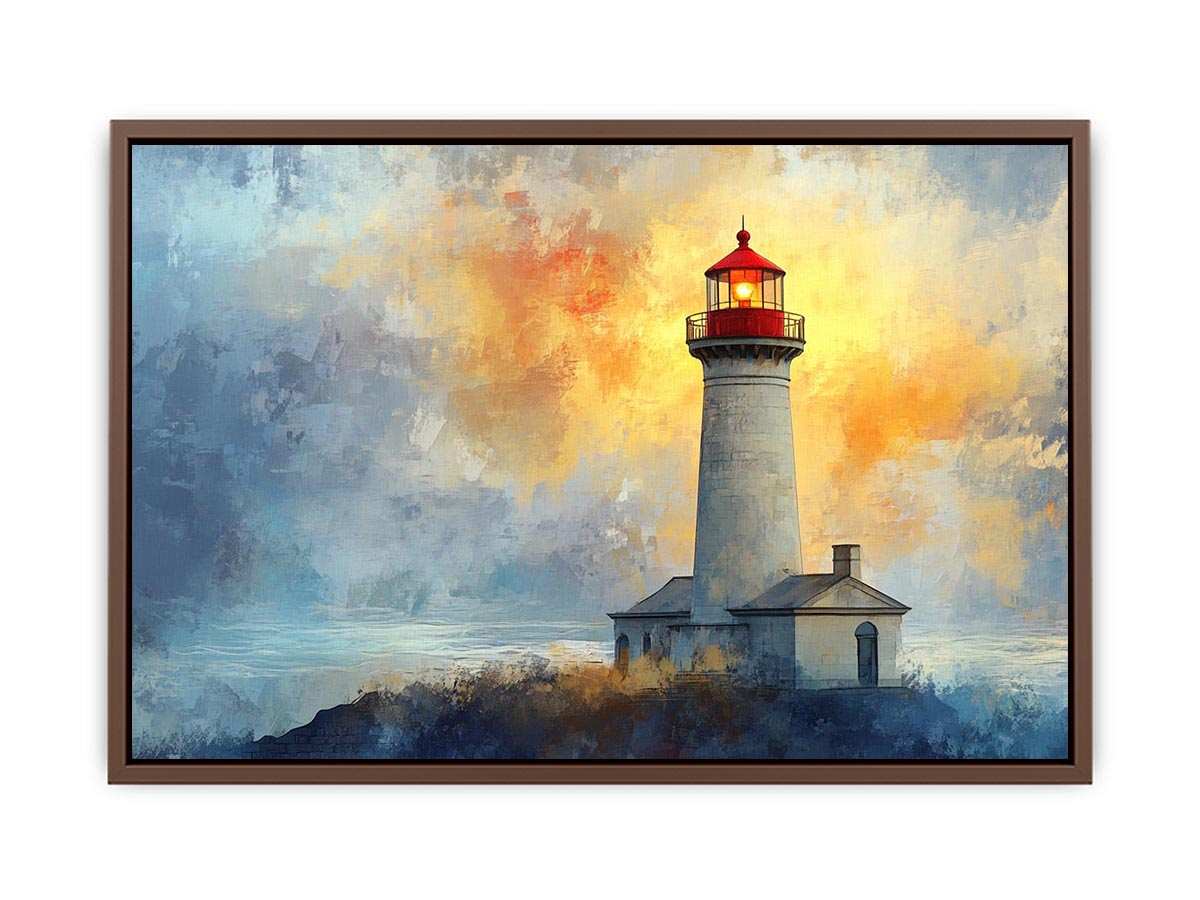 Modern lighthouse canvas print with blue and gold coastal fog for luxury living room decor.