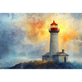 Modern lighthouse canvas print with blue and gold coastal fog for luxury living room decor.