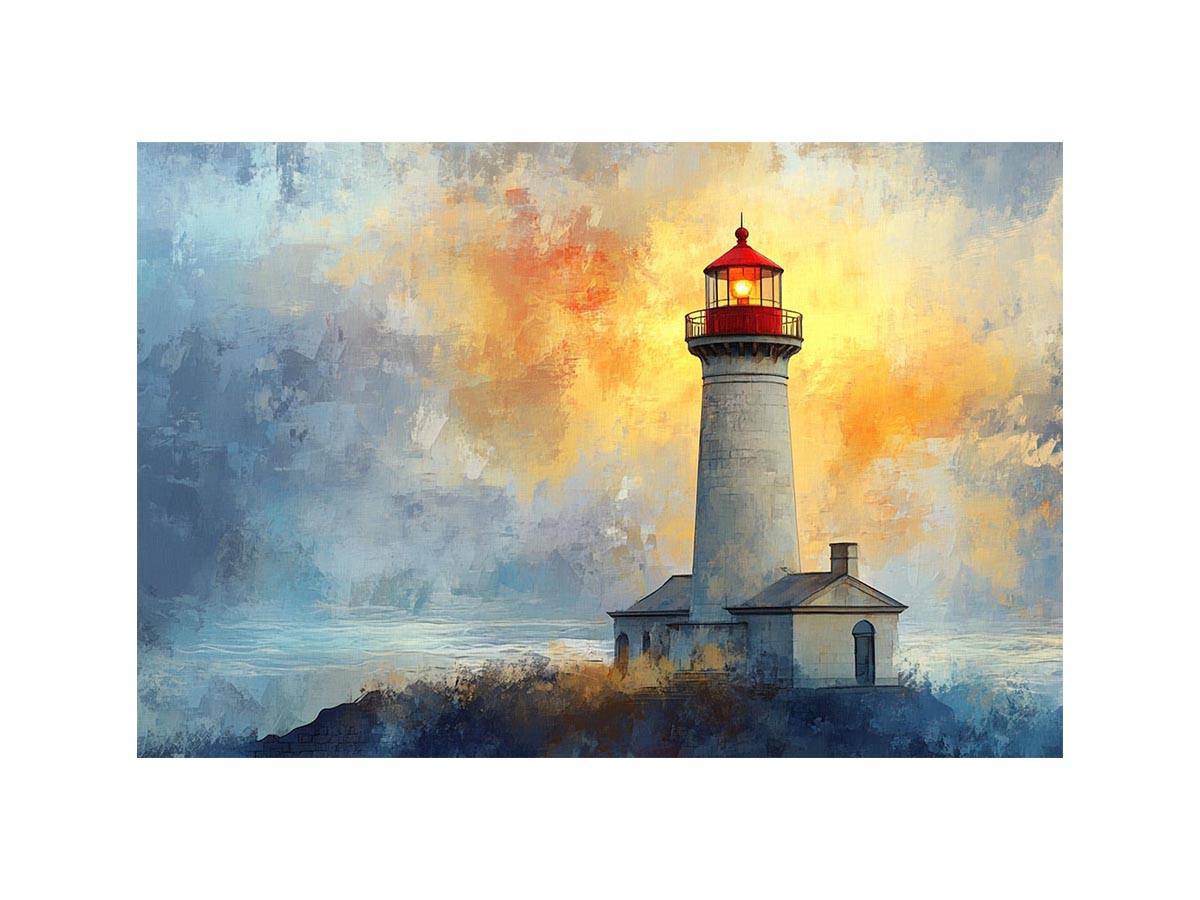 Modern lighthouse canvas print with blue and gold coastal fog for luxury living room decor.