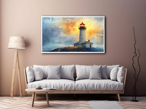 Modern lighthouse canvas print with blue and gold coastal fog for luxury living room decor.