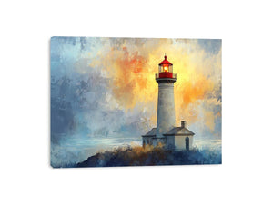 Modern lighthouse canvas print with blue and gold coastal fog for luxury living room decor.