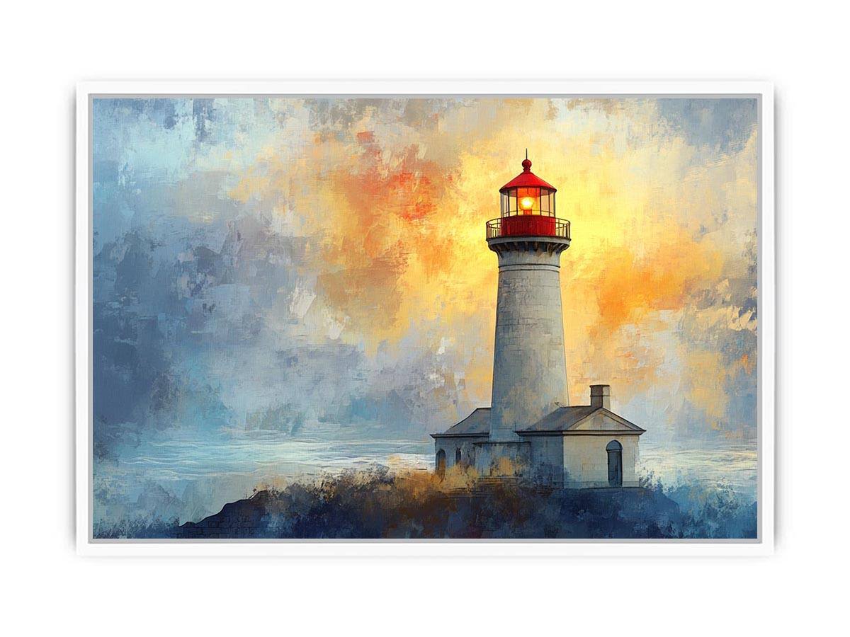 Modern lighthouse canvas print with blue and gold coastal fog for luxury living room decor.