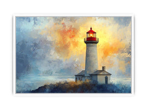 Modern lighthouse canvas print with blue and gold coastal fog for luxury living room decor.