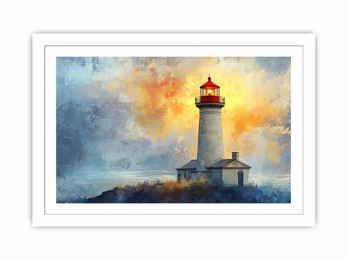 Modern lighthouse canvas print with blue and gold coastal fog for luxury living room decor.