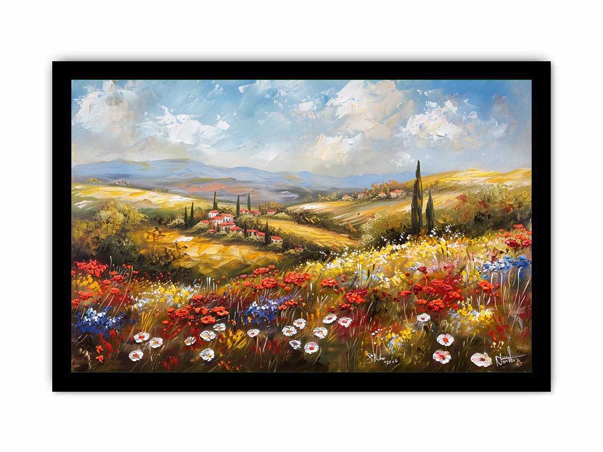 Colorful wildflower landscape canvas art for bright living room decor