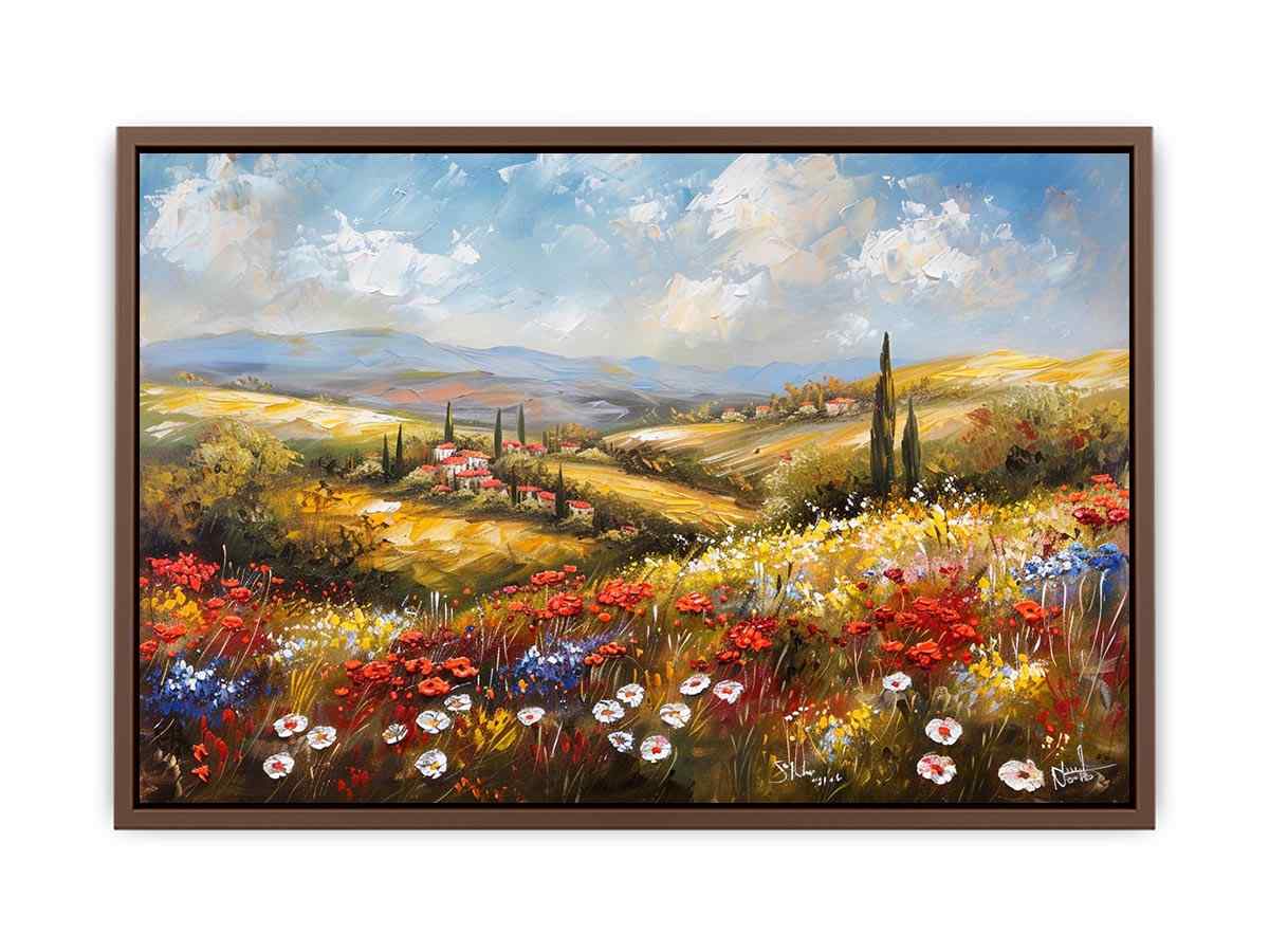 Colorful wildflower landscape canvas art for bright living room decor