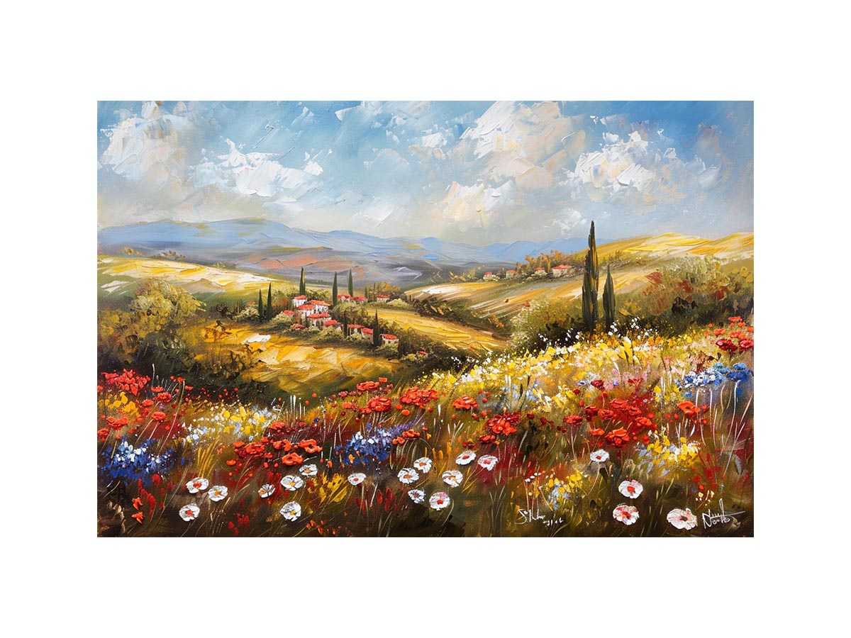 Colorful wildflower landscape canvas art for bright living room decor