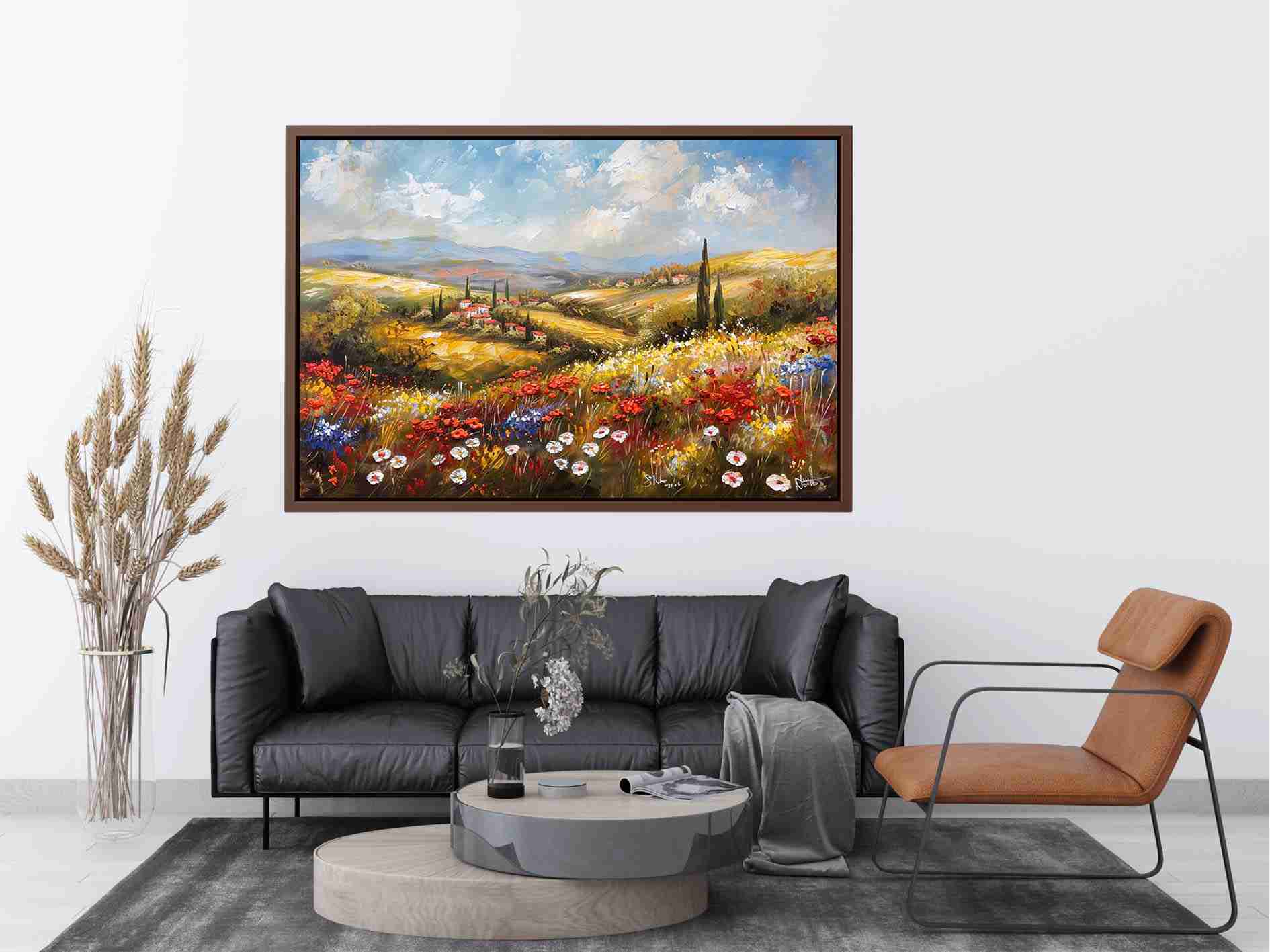 Colorful wildflower landscape canvas art for bright living room decor