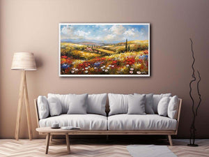 Colorful wildflower landscape canvas art for bright living room decor