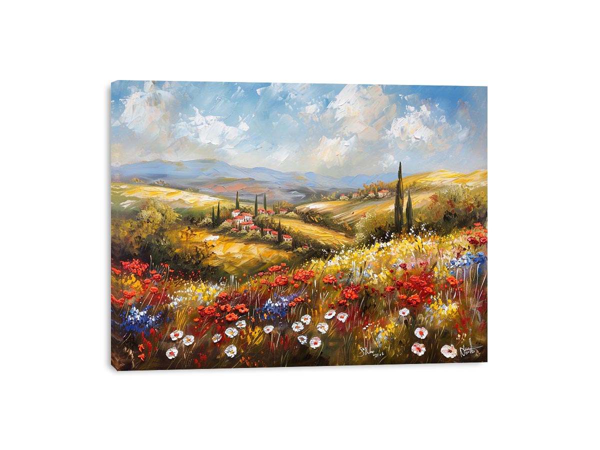 Colorful wildflower landscape canvas art for bright living room decor