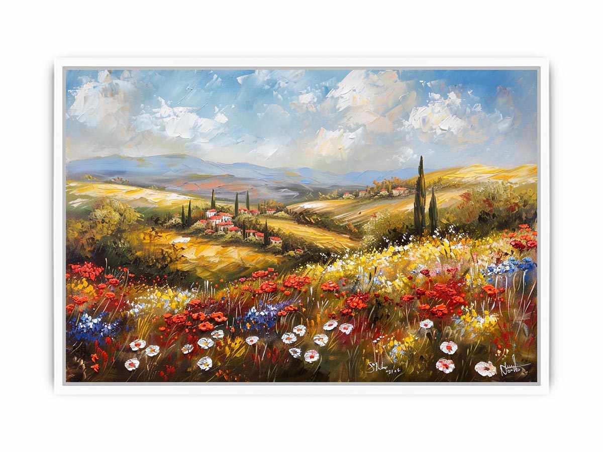 Colorful wildflower landscape canvas art for bright living room decor