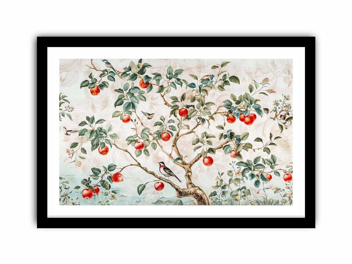Botanical apple tree and bird artwork for kitchen wall decor