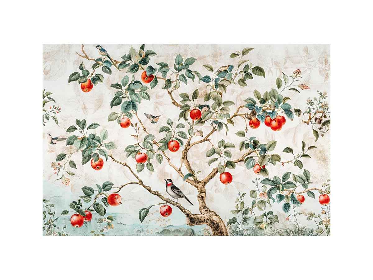 Botanical apple tree and bird artwork for kitchen wall decor