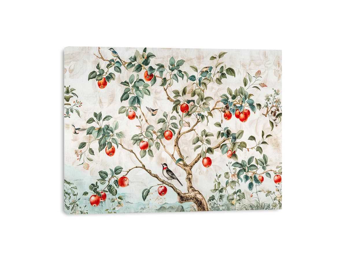 Botanical apple tree and bird artwork for kitchen wall decor