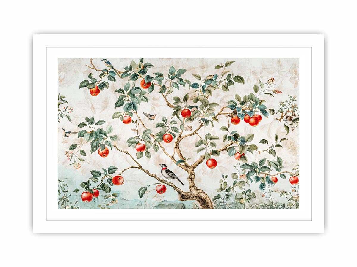Botanical apple tree and bird artwork for kitchen wall decor