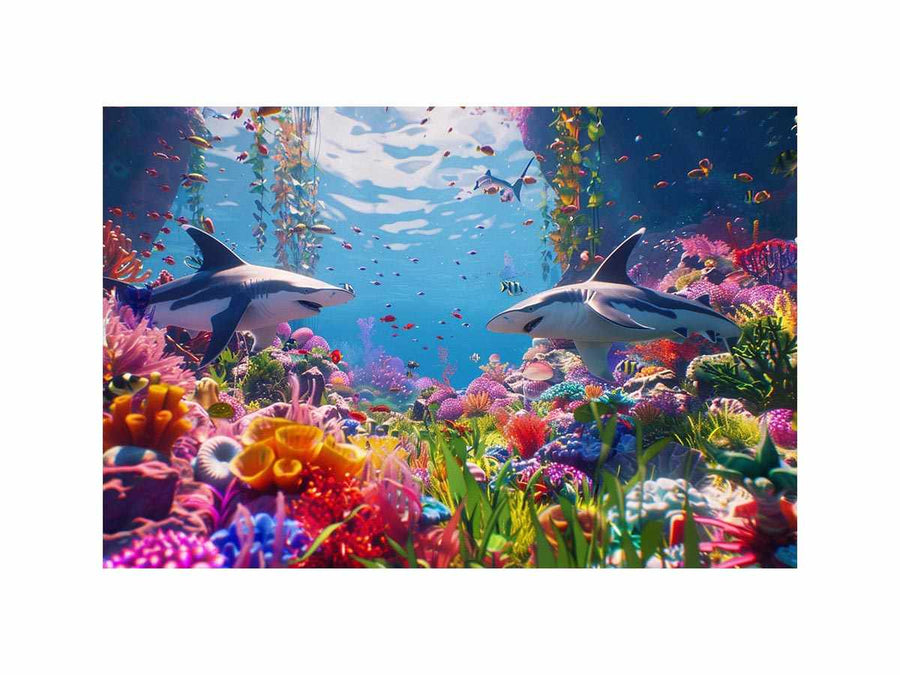 Colorful shark reef canvas art with tropical marine life and vibrant coral for modern coastal living room decor.
